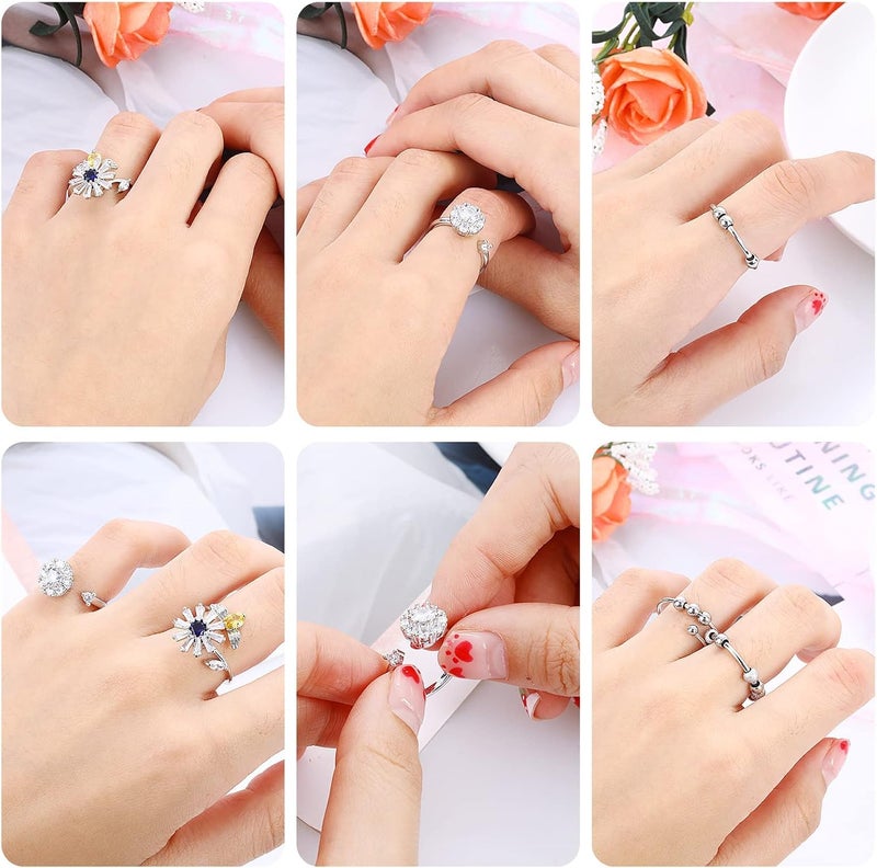 كلاراكو مجموعة من 6 حلقات تخفيف التوتر للنساء والرجال، قابلة للتعديل، مفتوحة، مع خرزة زركونيا مكعبة على شكل زهرة، لتخفيف التوتر والقلق. - Image 4