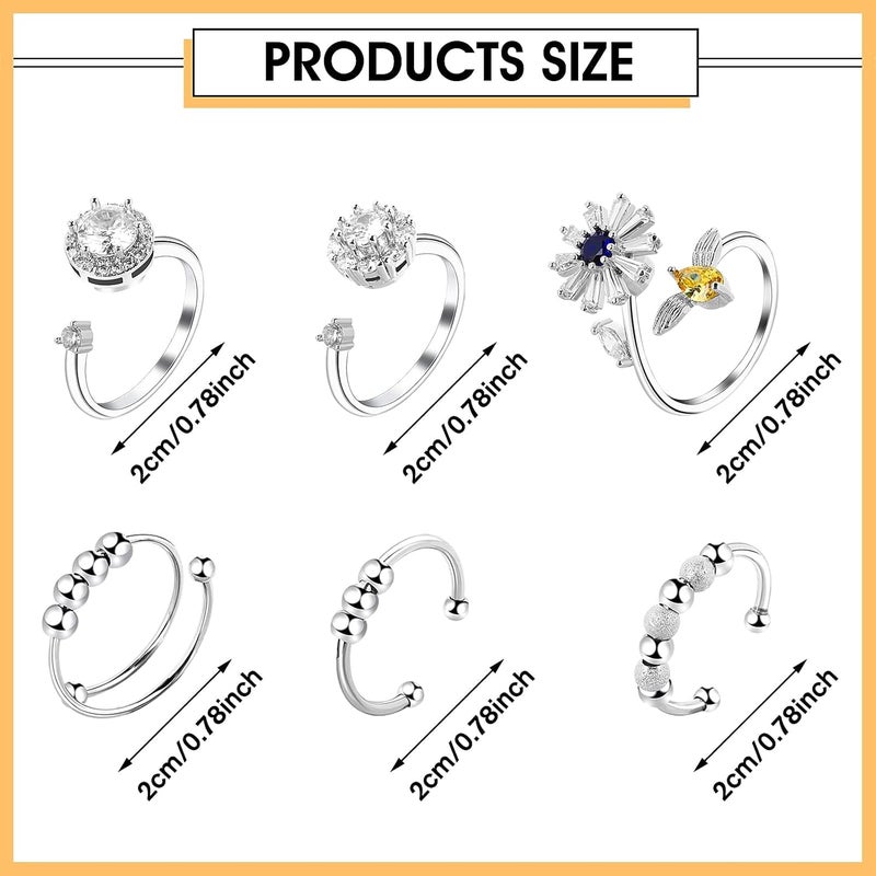 كلاراكو مجموعة من 6 حلقات تخفيف التوتر للنساء والرجال، قابلة للتعديل، مفتوحة، مع خرزة زركونيا مكعبة على شكل زهرة، لتخفيف التوتر والقلق. - Image 2