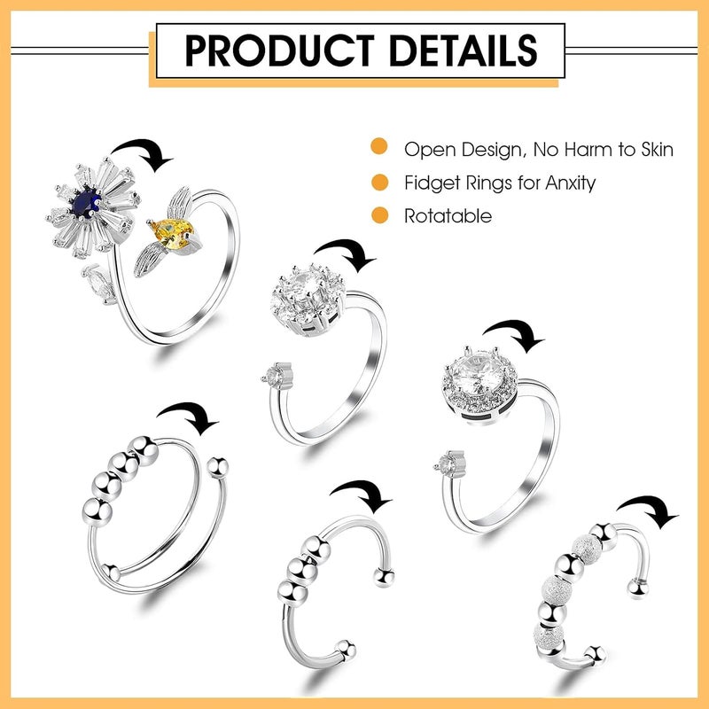 كلاراكو مجموعة من 6 حلقات تخفيف التوتر للنساء والرجال، قابلة للتعديل، مفتوحة، مع خرزة زركونيا مكعبة على شكل زهرة، لتخفيف التوتر والقلق. - Image 5
