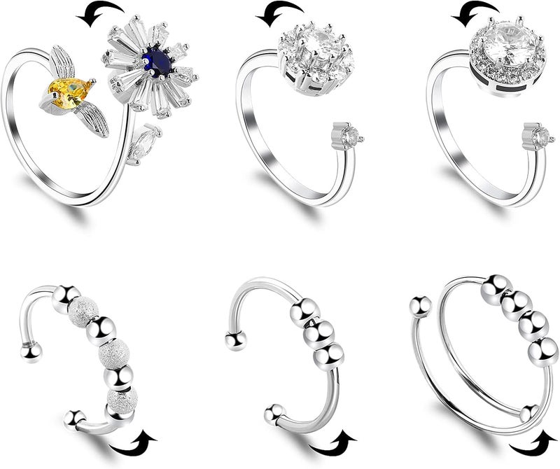 كلاراكو مجموعة من 6 حلقات تخفيف التوتر للنساء والرجال، قابلة للتعديل، مفتوحة، مع خرزة زركونيا مكعبة على شكل زهرة، لتخفيف التوتر والقلق. - Image 1