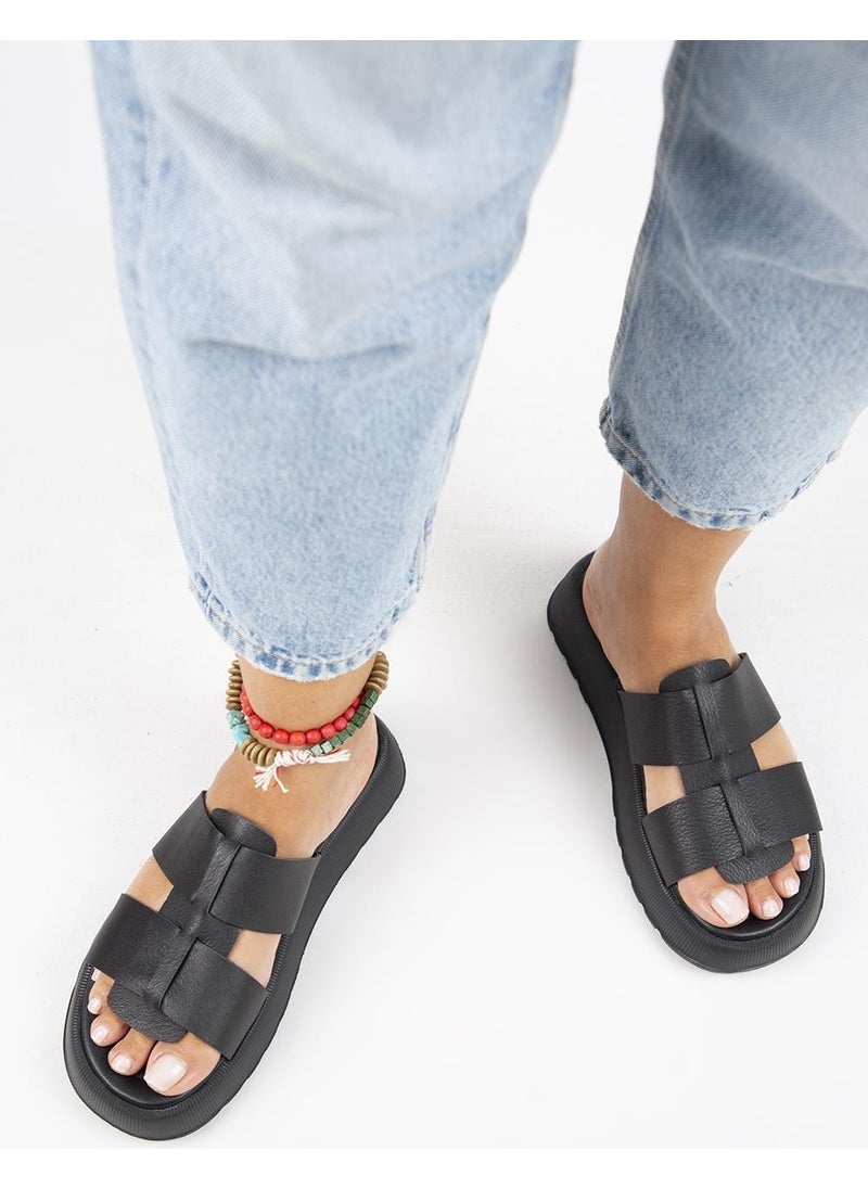 Manijero Paris Women's Leather Double-Strap Black Slippers  - Image 1
