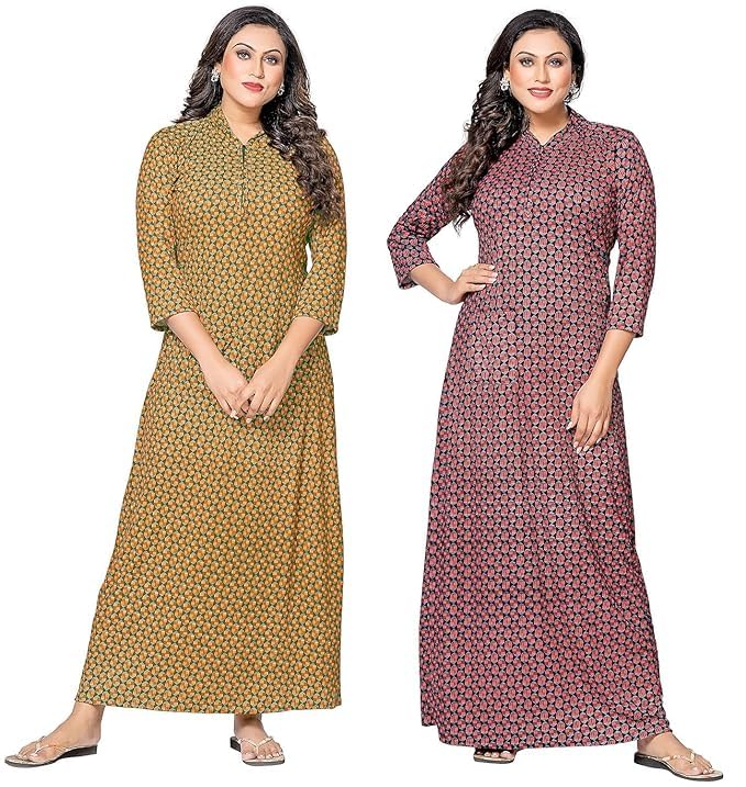 NEGLIGEE Women's Wool Winter Wollen Maxi Night Gown with Pocket Nighty For Women Ankle Length Night Dress - Pack of 2 (Yellow,Brown, Free Size) - Image 1