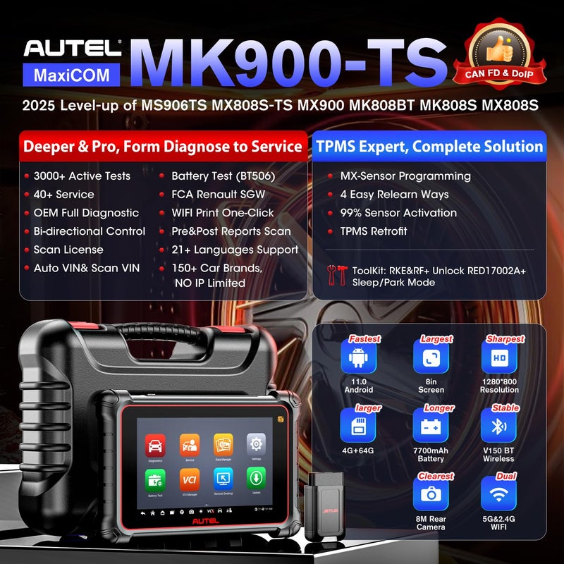 Autel Autel MaxiCOM MK900-TS TPMS Scanner, 2024 Updated MaxiCheck MX808S-TS Bi-Directional Tool, MK808S-TS, MS906TS with 40+ Services, 3000+ Active Tests, Diagnostic All Systems Black  - Image 2