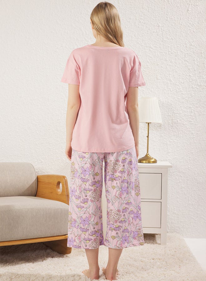 trendyol Pink Floral Capri Knitted Pajama Set - Image 5