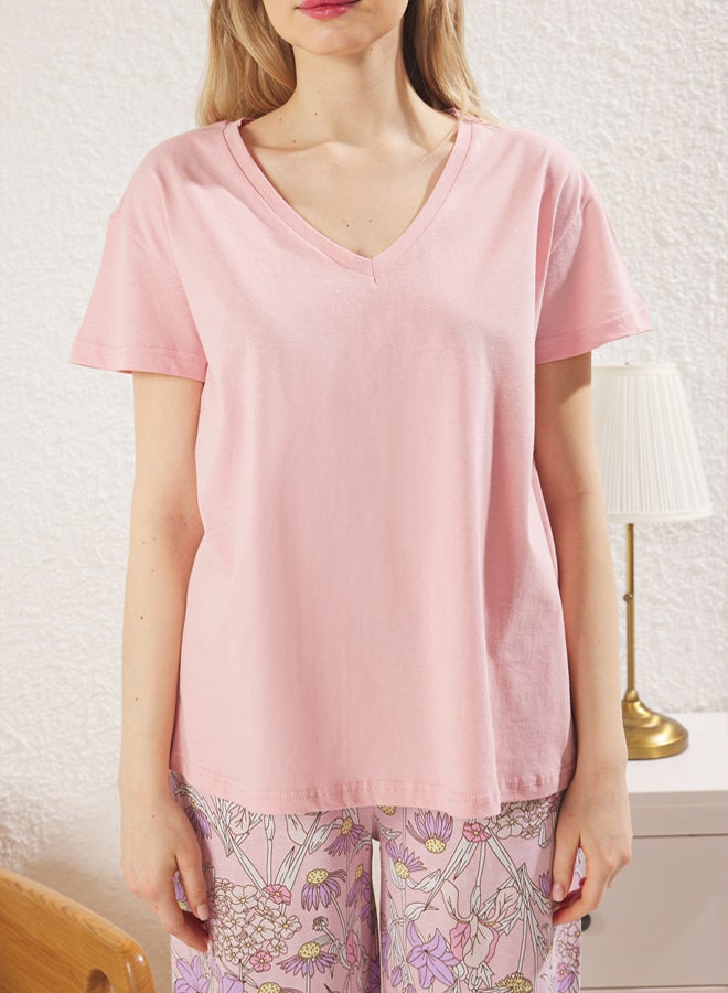 trendyol Pink Floral Capri Knitted Pajama Set - Image 3