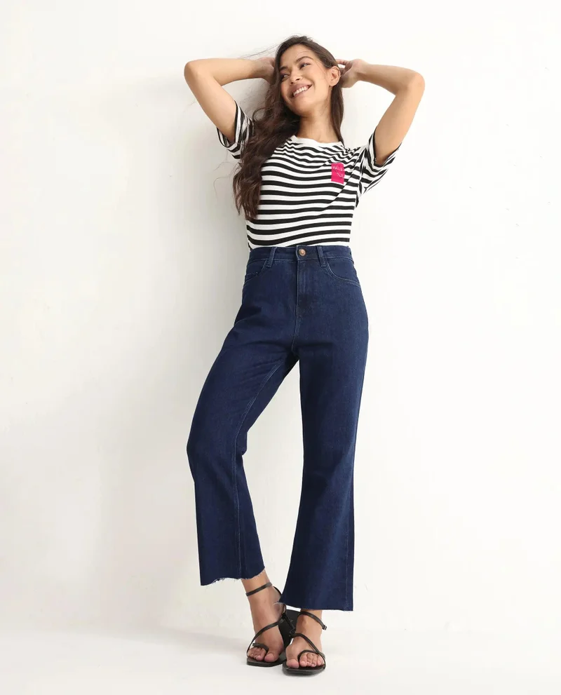 ريريزم Women's Crop Flare Denim With Raw Hem Finish
