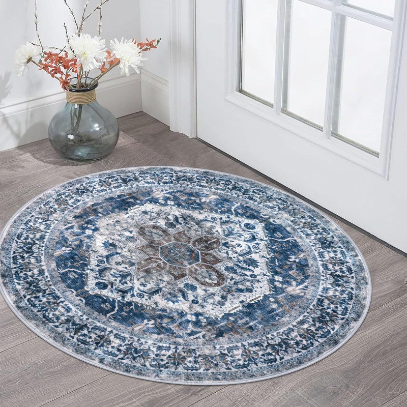 KOZYFLY Round Rug 3 Ft Rugs for Entryway Washable Circle Entrance Rug Non Slip Round Doormat Indoor Printed Faux Wool Round Front Door Mat Floor Carpet for Backdoor, Entryway, Bedroom, Blue - Image 1