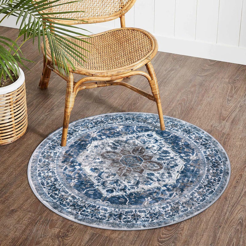KOZYFLY Round Rug 3 Ft Rugs for Entryway Washable Circle Entrance Rug Non Slip Round Doormat Indoor Printed Faux Wool Round Front Door Mat Floor Carpet for Backdoor, Entryway, Bedroom, Blue - Image 2