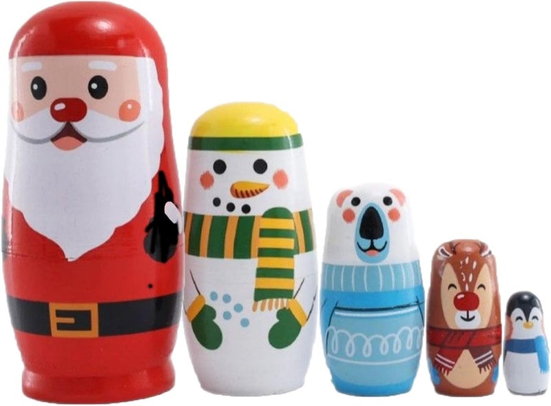 Kakeah Christmas Cartoon Animals Nesting Dolls Wooden Matryoshka Russian Doll Handmade Stacking Toy Set 5 Pieces for Kids - Image 1