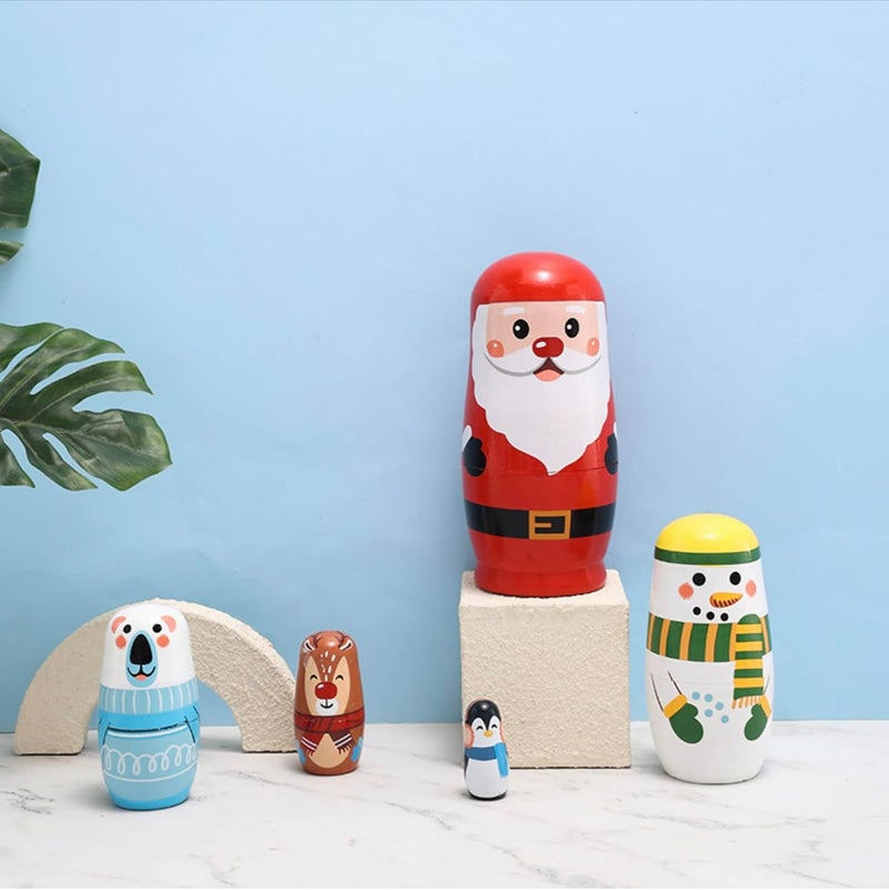 Kakeah Christmas Cartoon Animals Nesting Dolls Wooden Matryoshka Russian Doll Handmade Stacking Toy Set 5 Pieces for Kids - Image 5