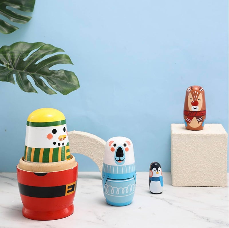 Kakeah Christmas Cartoon Animals Nesting Dolls Wooden Matryoshka Russian Doll Handmade Stacking Toy Set 5 Pieces for Kids - Image 4