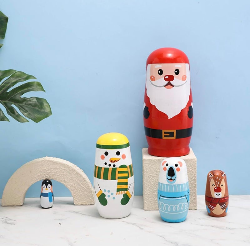 Kakeah Christmas Cartoon Animals Nesting Dolls Wooden Matryoshka Russian Doll Handmade Stacking Toy Set 5 Pieces for Kids - Image 2