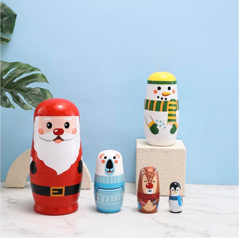 Kakeah Christmas Cartoon Animals Nesting Dolls Wooden Matryoshka Russian Doll Handmade Stacking Toy Set 5 Pieces for Kids - Image 3