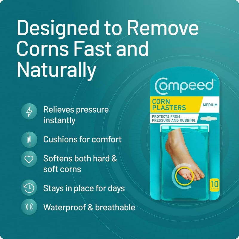 Compeed لصقات كومبيد للذرة بحجم متوسط 10 لصقات هيدروكوليد للعناية بالقدمين إزالة سريعة وطبيعية للذرة تخفيف الألم والضغط - Image 3
