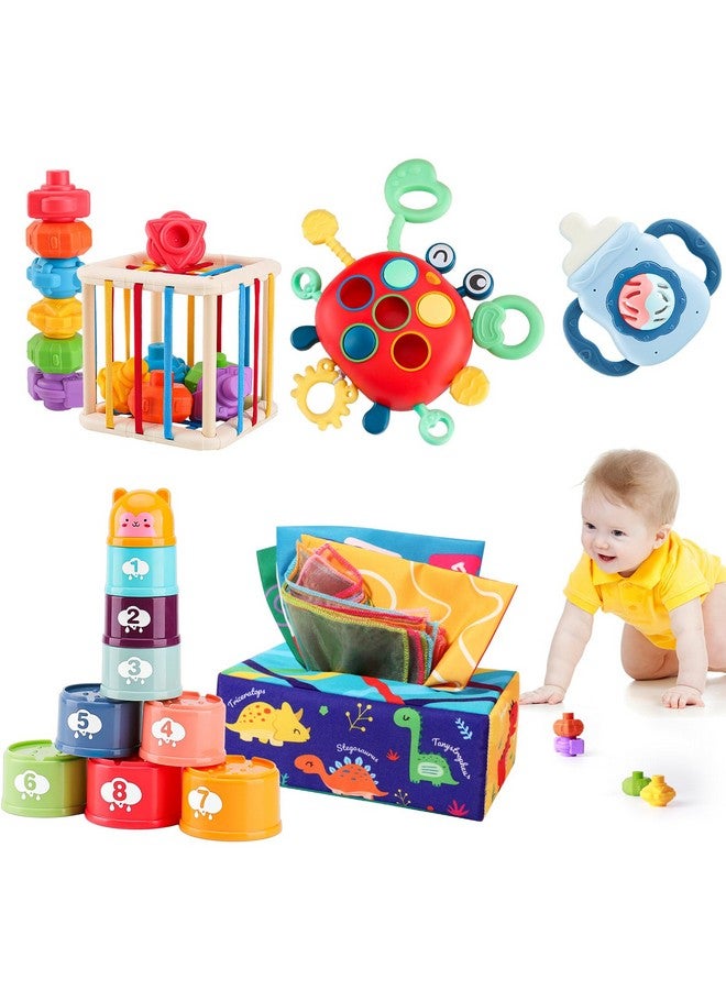 YOOYID 5 in 1 Baby Toys 6 to 12 to 18 Months, Montessori Toy for Babies 6-12 Months, Gifts for 1 Year Old, Sensory Toys for Babies, Baby Tissue Box, Stacking Cups, Shape Sorter Cube - Image 1