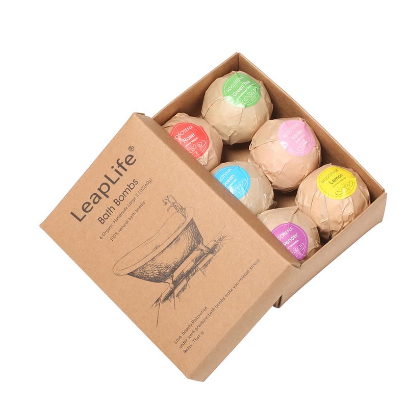 LeapLife Bath Bombs Gift Set,Organic Handmade Large Fizzer with 100% Natural Materials for Kids, Women Men, Best Gift for All Festivals including lemon, rose, lavender, vanilla, green tea, ocean(6pcs) - Image 1