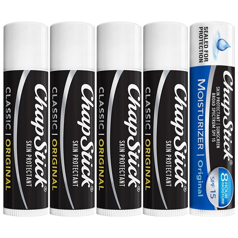 chapstick شامبستيك بلسم الشفاه الأصلي 4 عبوات 1 مرطب شامبستيك 2 في 1 للعناية بالشفاه مع SPF 15 0.15 أونصة لكل عبوة مجموعة 5 قطع