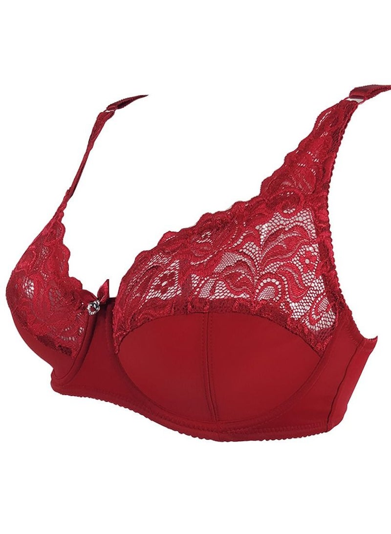 Loquat Solid Color Ultra Thin Lace Bra Large size Bra Women's Underwear Red 