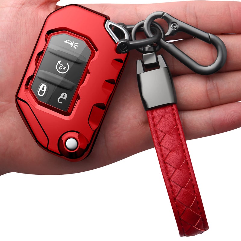Autophone Compatible with Jeep Key Fob Cover with Leather Keychain Soft TPU Protection Key Case for 2018 2019 2020 2021 Wrangler JL Gladiator Remote Key-Red - Image 1