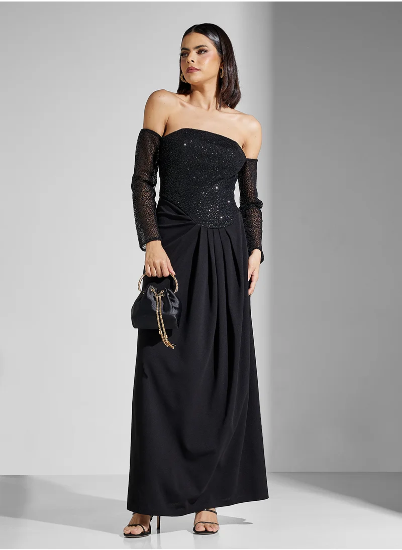 Namshi x Sequin Embellished Corset Bodice Off Shoulder Dress