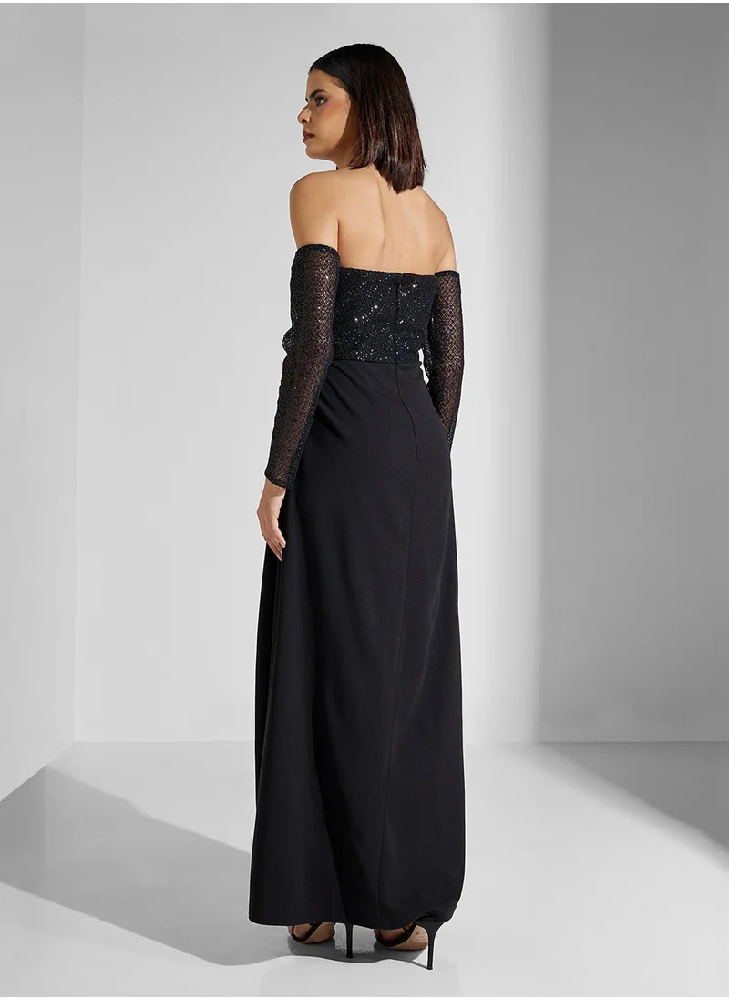 نمشي x Sequin Embellished Corset Bodice Off Shoulder Dress