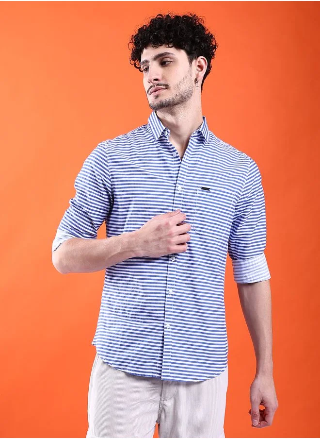 شركة المرآب الهندية Men Slim Fit Multi Striped Full Sleeves Cutaway Collar Casual Shirt