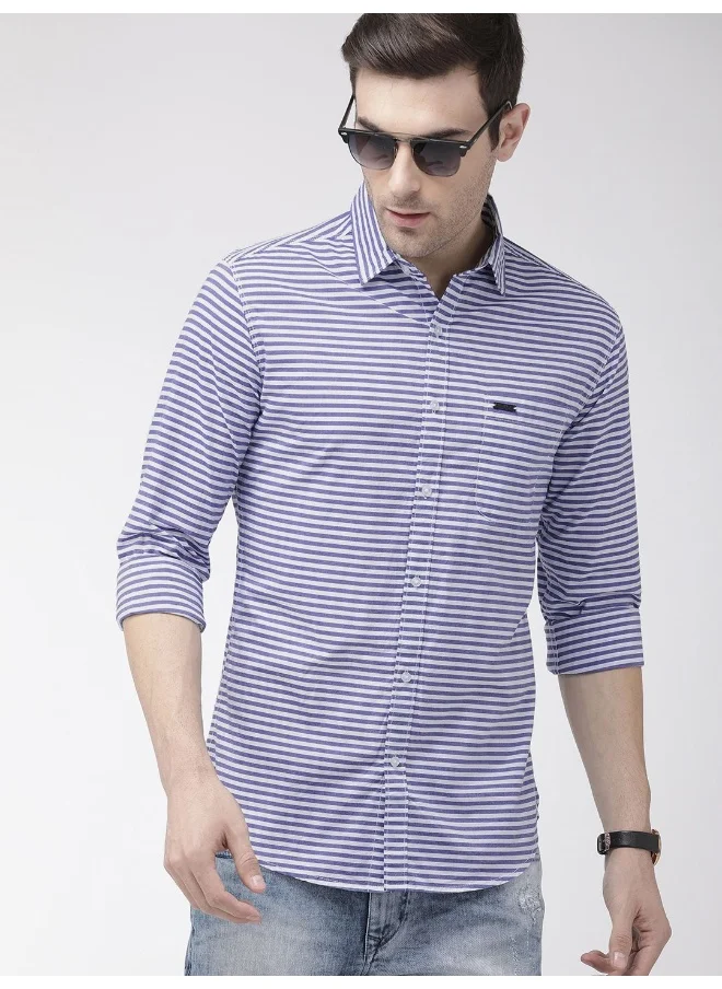 The Indian Garage Co White & Blue Slim Fit Casual Multi Stripes Cutaway Collar Full Sleeves Cotton Shirt