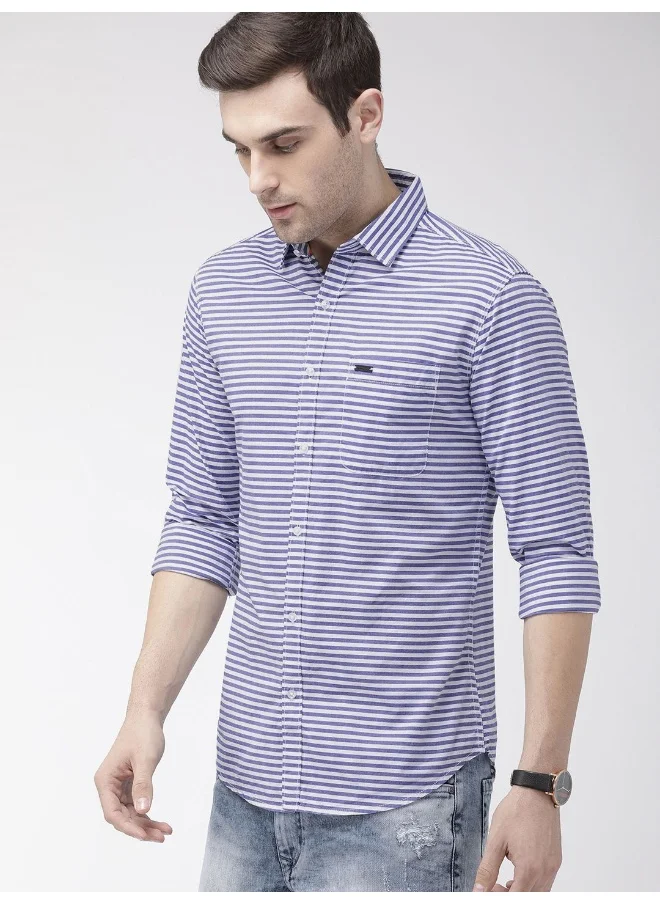 The Indian Garage Co White & Blue Slim Fit Casual Multi Stripes Cutaway Collar Full Sleeves Cotton Shirt