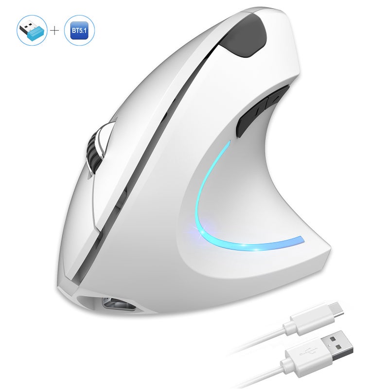 فأرة رأسية لاسلكية مناسبة للتصميم البدني Ergonomic، اتصال ثنائي الوضع 2.4 جيجا هرتز + بلوتوث 5.1، دقة 2400 نقطة في البوصة، تصميم صامت، لون أبيض - Image 2