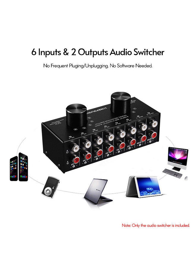 6-In-2-Out Audio Switcher Two-Way Audio Signal Selector Box Splitter Distributor with RCA Inputs & Outputs