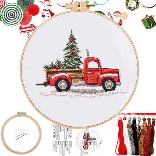 FONNUY Crewel Christmas Embroidery Kit for Beginners Cross Stitch Set Winter Snow Scene Pine Owl Pattern for Adults Easy to Follow Color Thread Needlework 8 Hoop Trunk and Tree - Image 1