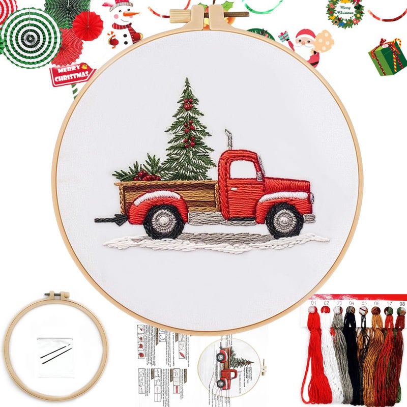 FONNUY Crewel Christmas Embroidery Kit for Beginners Cross Stitch Set Winter Snow Scene Pine Owl Pattern for Adults Easy to Follow Color Thread Needlework 8 Hoop Trunk and Tree - Image 3