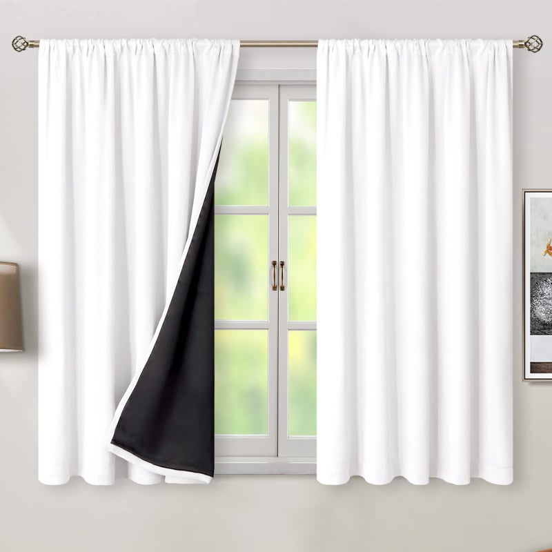BGment بئسة نقية أبيض قصير 100 ٪ الستائر اللفات 45 بوصة الطول مع جيب قضيب البطانة الأسود وعلامة التبويب الخلفية طبقة مزدوجة الغرفة الكاملة الستائر ثيرامل لغرفة النوم 2 لوحات 52 × 45 بوصة - Image 2