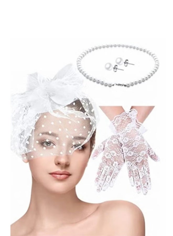4 قطع Fascinators قبعة حجاب شبكة الرأس وقفازات الدانتيل القصيرة للمرأة ، حفل الزفاف - Image 1