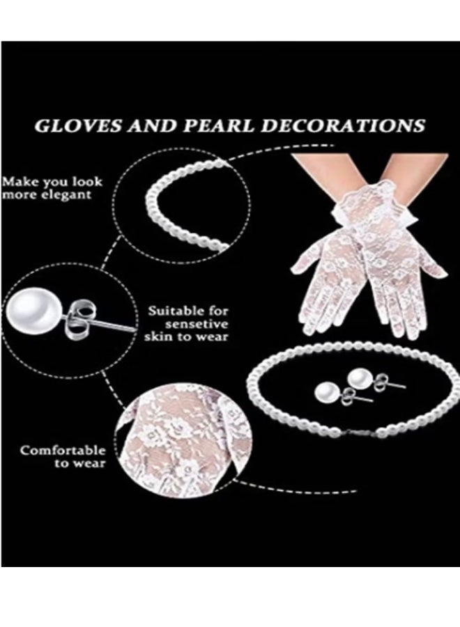 4 قطع Fascinators قبعة حجاب شبكة الرأس وقفازات الدانتيل القصيرة للمرأة ، حفل الزفاف - Image 2