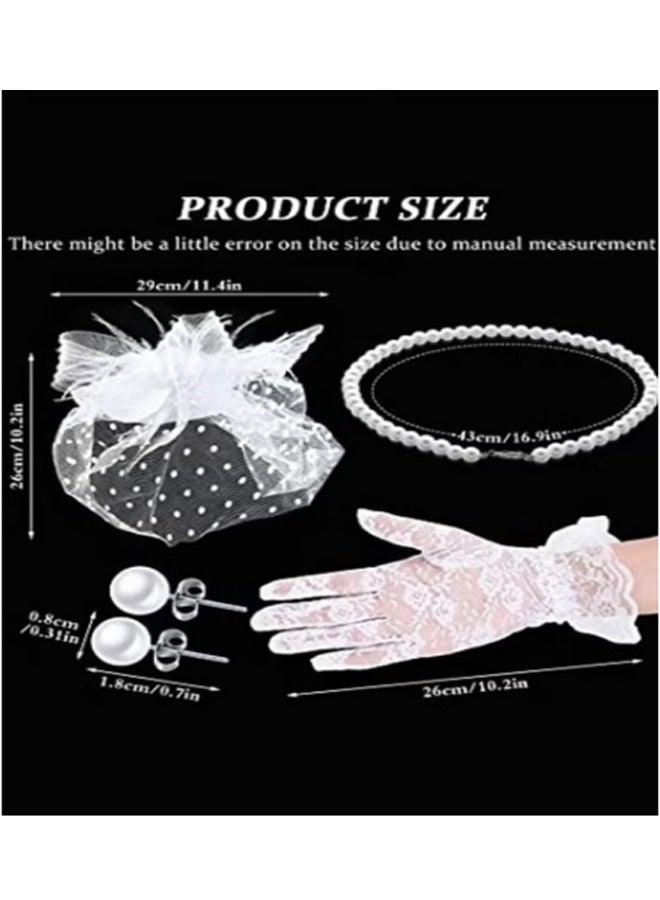 4 قطع Fascinators قبعة حجاب شبكة الرأس وقفازات الدانتيل القصيرة للمرأة ، حفل الزفاف - Image 3