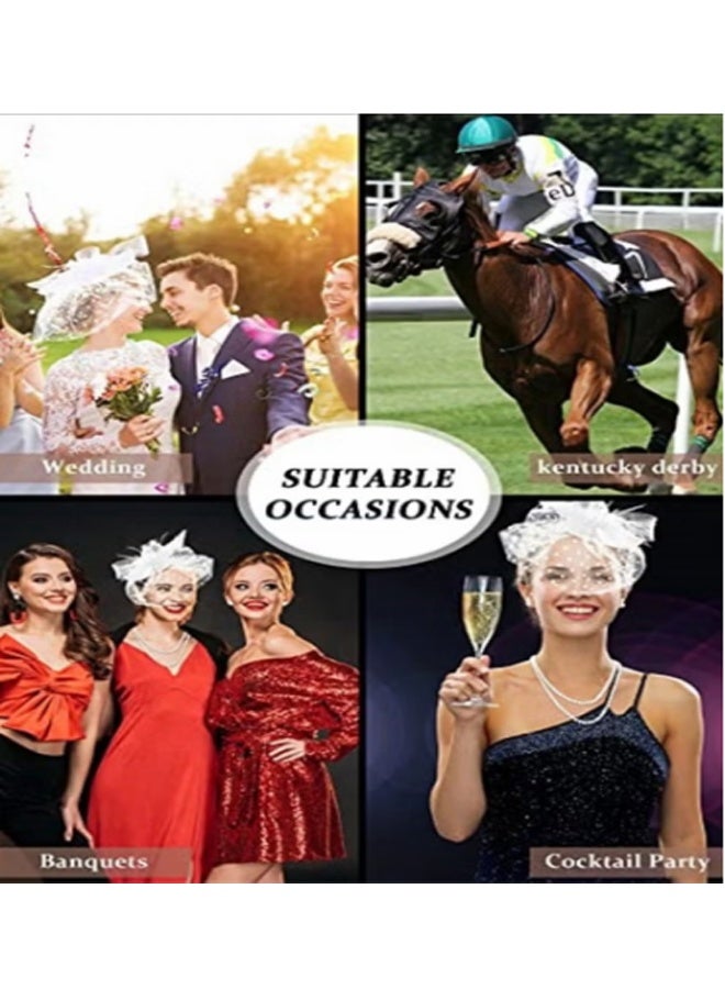 4 قطع Fascinators قبعة حجاب شبكة الرأس وقفازات الدانتيل القصيرة للمرأة ، حفل الزفاف - Image 5