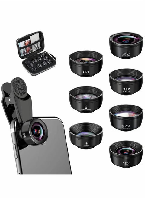 Phone Lens Kit 7 in 1, 210° Fisheye Lens+ 25X Macro Lens+ 120°Wide Angle Lens+ Telephoto Lens+ CPL+ Kaleidoscope+ Starburst, Clip-on Camera Lens for Samsung Android iPhone 11 12 X Xr pro