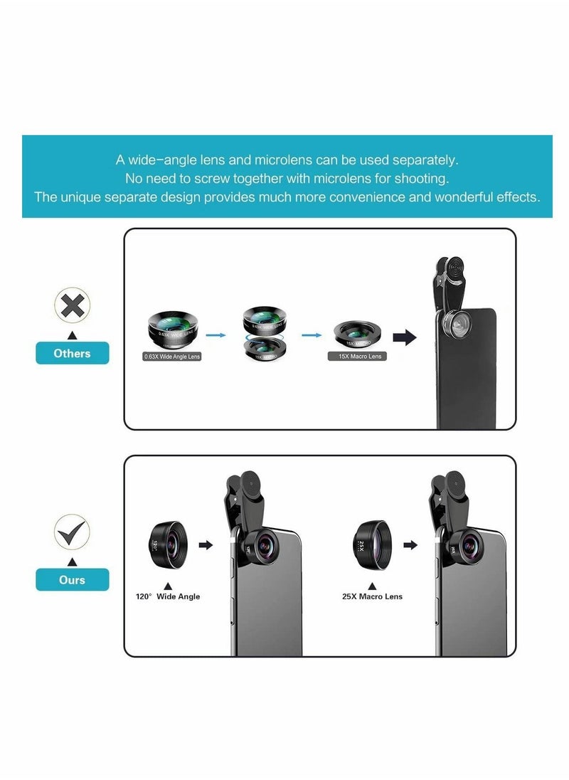 Phone Lens Kit 7 in 1, 210° Fisheye Lens+ 25X Macro Lens+ 120°Wide Angle Lens+ Telephoto Lens+ CPL+ Kaleidoscope+ Starburst, Clip-on Camera Lens for Samsung Android iPhone 11 12 X Xr pro