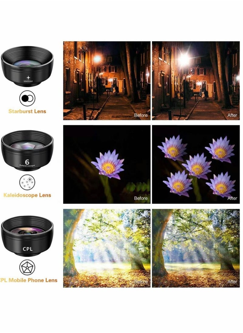 Phone Lens Kit 7 in 1, 210° Fisheye Lens+ 25X Macro Lens+ 120°Wide Angle Lens+ Telephoto Lens+ CPL+ Kaleidoscope+ Starburst, Clip-on Camera Lens for Samsung Android iPhone 11 12 X Xr pro