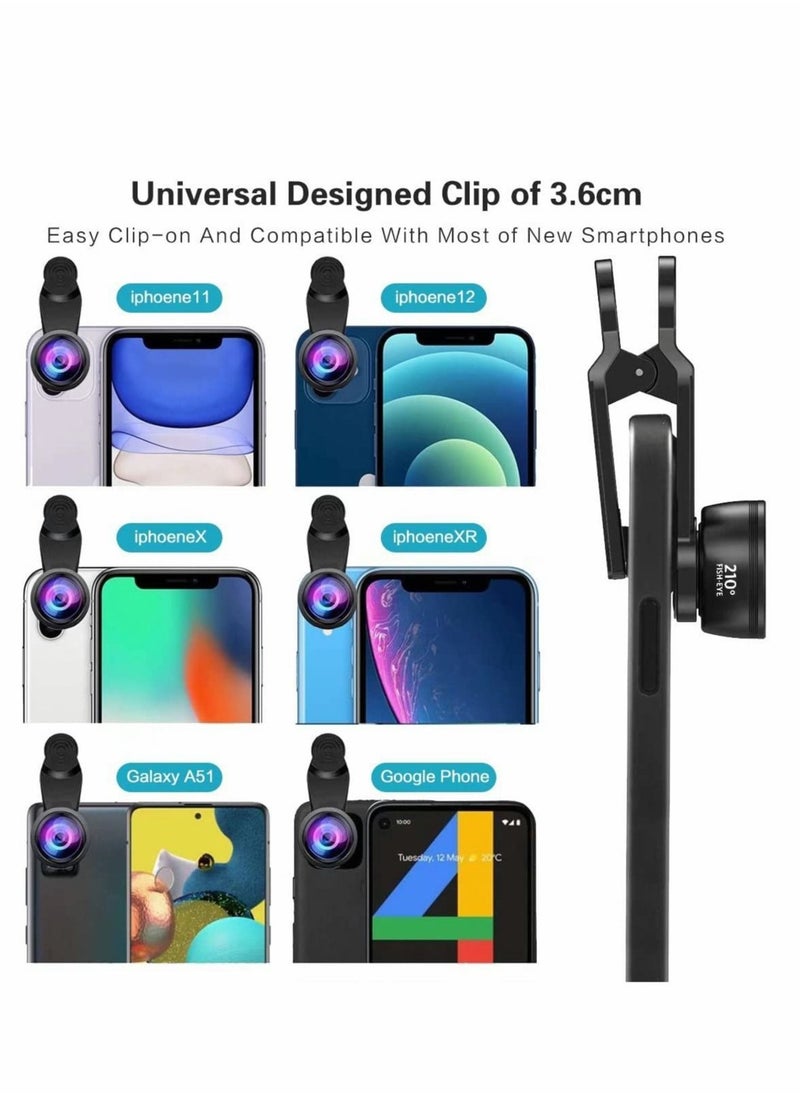 Phone Lens Kit 7 in 1, 210° Fisheye Lens+ 25X Macro Lens+ 120°Wide Angle Lens+ Telephoto Lens+ CPL+ Kaleidoscope+ Starburst, Clip-on Camera Lens for Samsung Android iPhone 11 12 X Xr pro