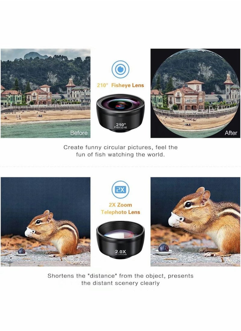 Phone Lens Kit 7 in 1, 210° Fisheye Lens+ 25X Macro Lens+ 120°Wide Angle Lens+ Telephoto Lens+ CPL+ Kaleidoscope+ Starburst, Clip-on Camera Lens for Samsung Android iPhone 11 12 X Xr pro