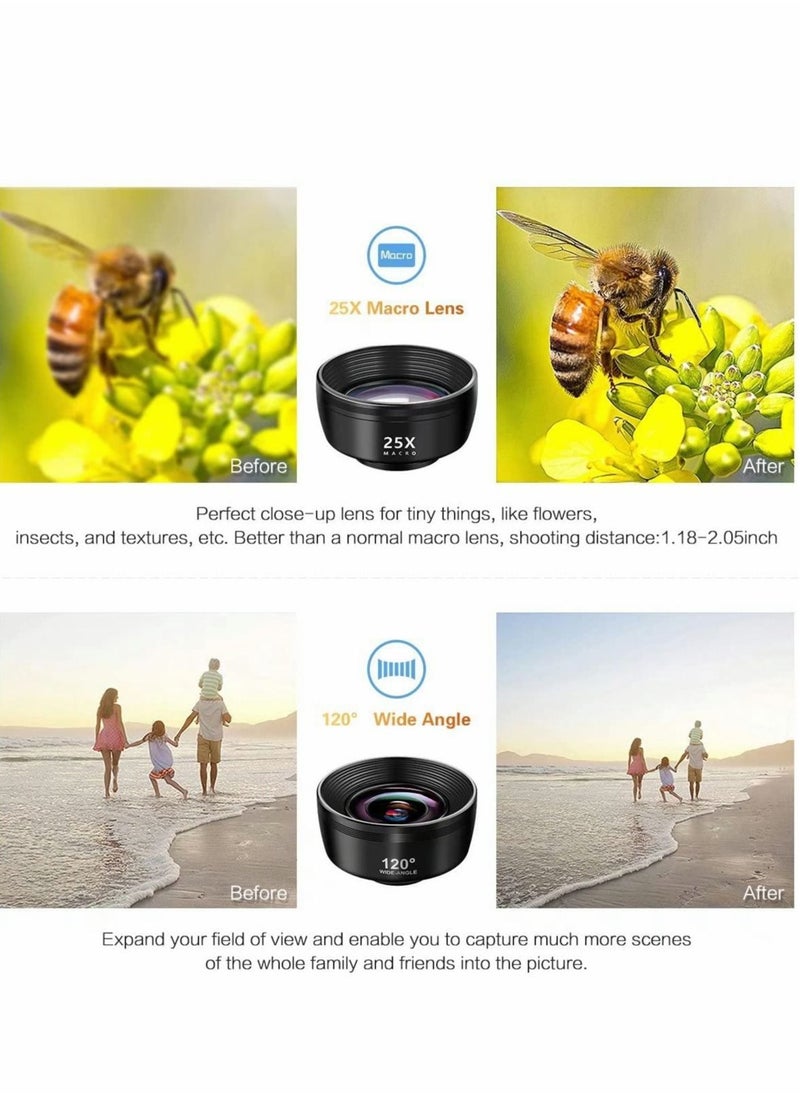 Phone Lens Kit 7 in 1, 210° Fisheye Lens+ 25X Macro Lens+ 120°Wide Angle Lens+ Telephoto Lens+ CPL+ Kaleidoscope+ Starburst, Clip-on Camera Lens for Samsung Android iPhone 11 12 X Xr pro