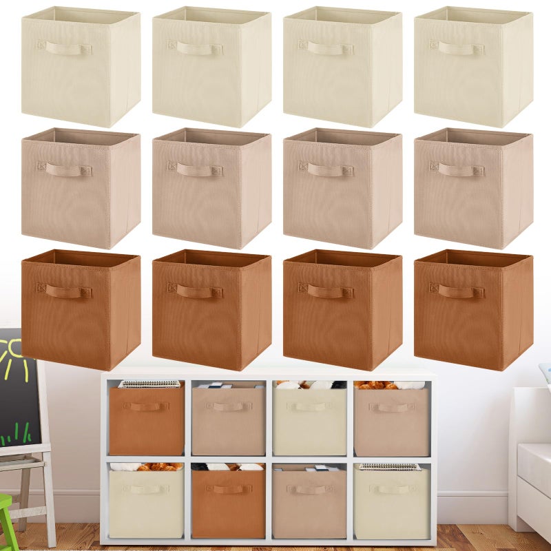 Yinder 12 Pcs Cube Storage Bin Brown 11'' Storage Bins for Playroom Decor Colorful Bins for Kids Foldable Baskets for Nursery Organizer Boxes Fabric Boxes - Image 1