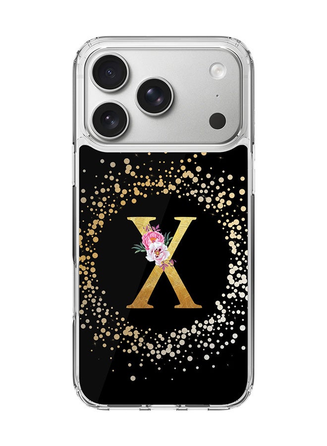 Stylizedd Classic Clear MagSafe Case for iPhone 17 Pro , Hybrid Soft Case Flexible Edges Anti Drop TPU PC Gel Thin Transparent Cover [ Designed for iPhone 17 Pro ] - Custom Monogram Initial Letter Floral Pattern Alphabet - X ( Black )