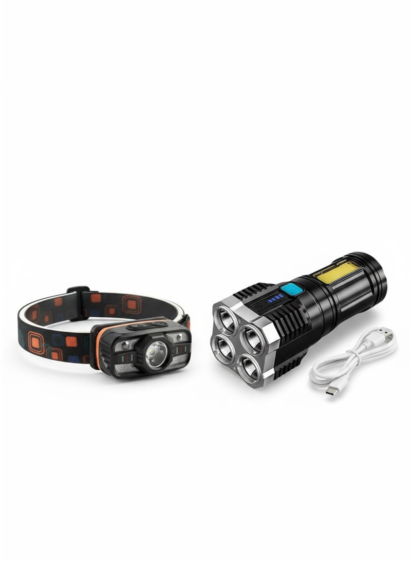 LED Motion Sensor Rechargeable Headlamp – Super Bright Hands-Free Headlight with Adjustable Strap and Multiple Light Modes & 4-Core Rechargeable LED Torch Light – High Power, Long Distance Multifunctional Portable Flashlight with 4 Lighting Modes Bundle - Image 5