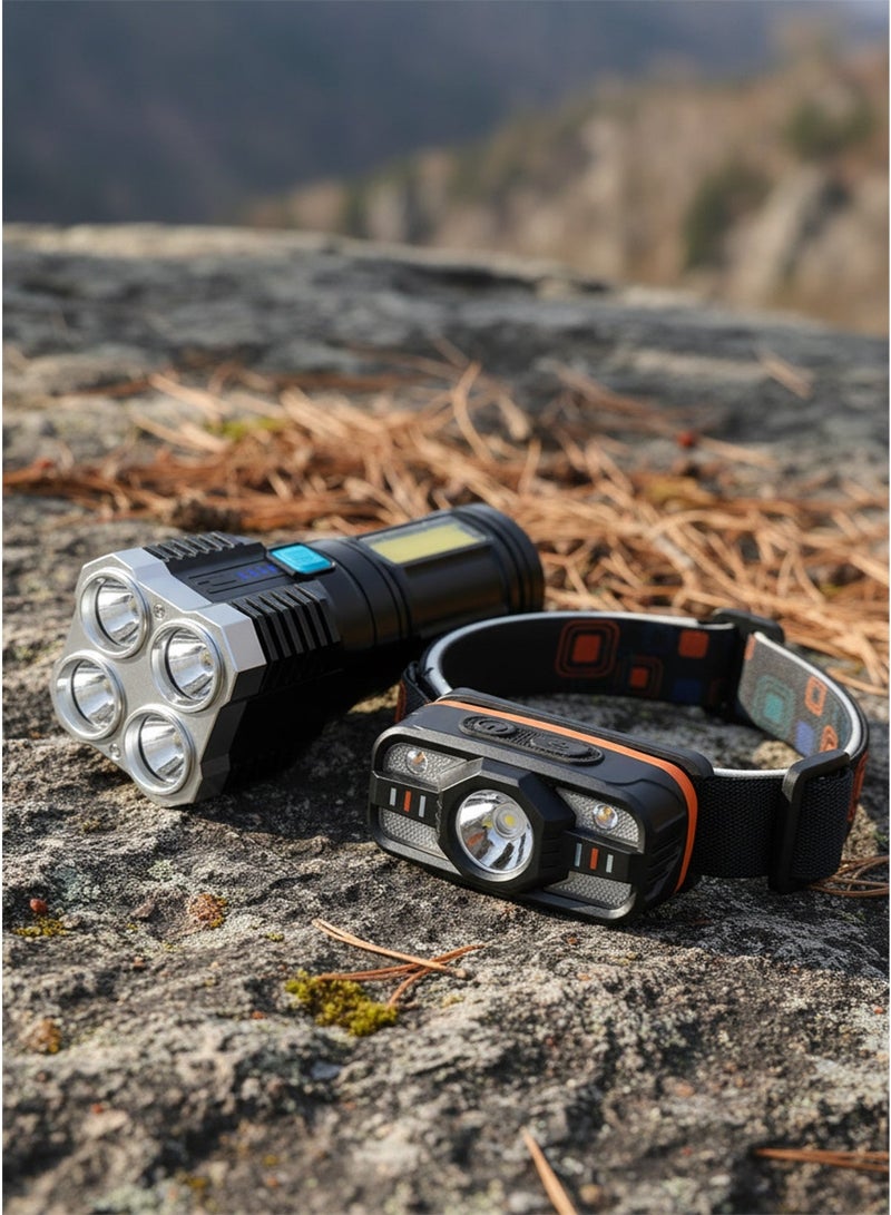 LED Motion Sensor Rechargeable Headlamp – Super Bright Hands-Free Headlight with Adjustable Strap and Multiple Light Modes & 4-Core Rechargeable LED Torch Light – High Power, Long Distance Multifunctional Portable Flashlight with 4 Lighting Modes Bundle - Image 4