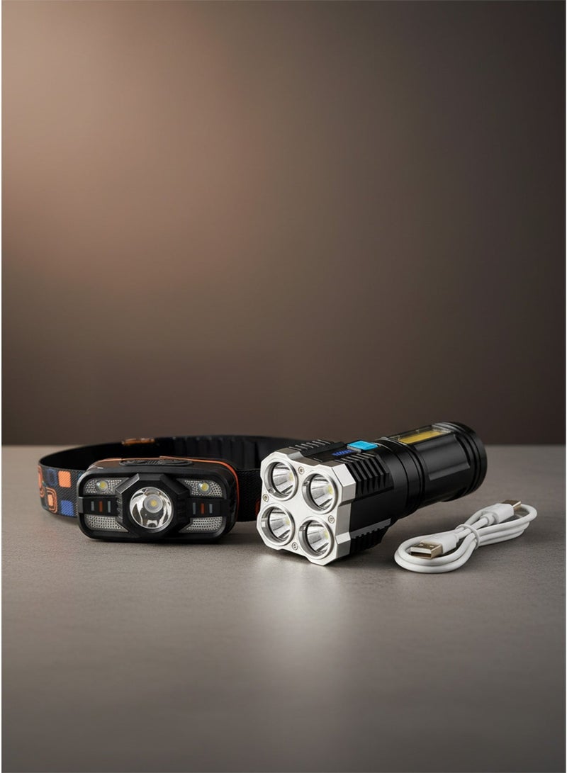 LED Motion Sensor Rechargeable Headlamp – Super Bright Hands-Free Headlight with Adjustable Strap and Multiple Light Modes & 4-Core Rechargeable LED Torch Light – High Power, Long Distance Multifunctional Portable Flashlight with 4 Lighting Modes Bundle - Image 2