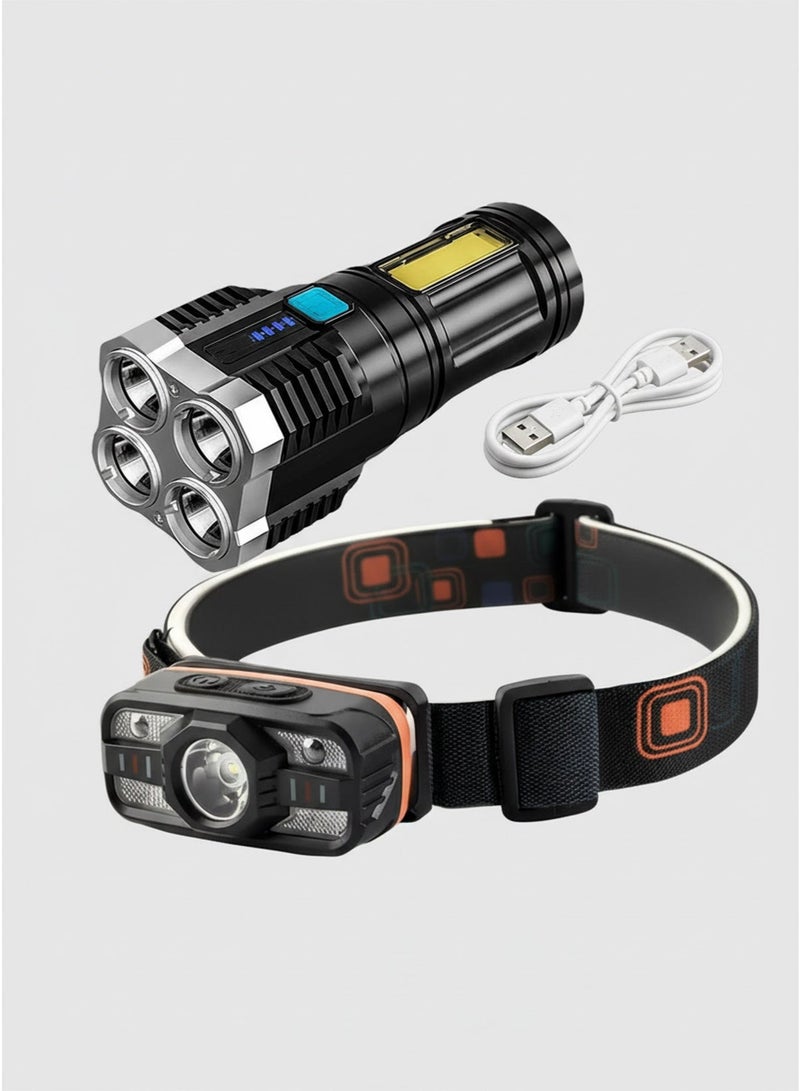 LED Motion Sensor Rechargeable Headlamp – Super Bright Hands-Free Headlight with Adjustable Strap and Multiple Light Modes & 4-Core Rechargeable LED Torch Light – High Power, Long Distance Multifunctional Portable Flashlight with 4 Lighting Modes Bundle - Image 1