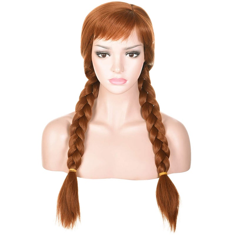 morvally Womens Light Brown Synthetic Hair Wigs with Two Long Braided Pigtails for Woman Cosplay Halloween Costume Party
